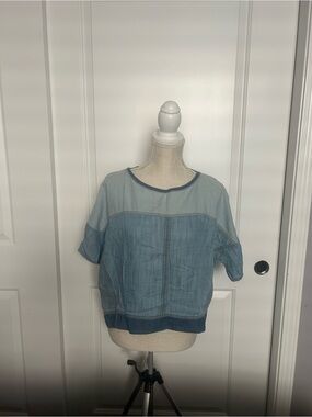Zara Two-Tone Light Blue Denim Short-Sleeve Top